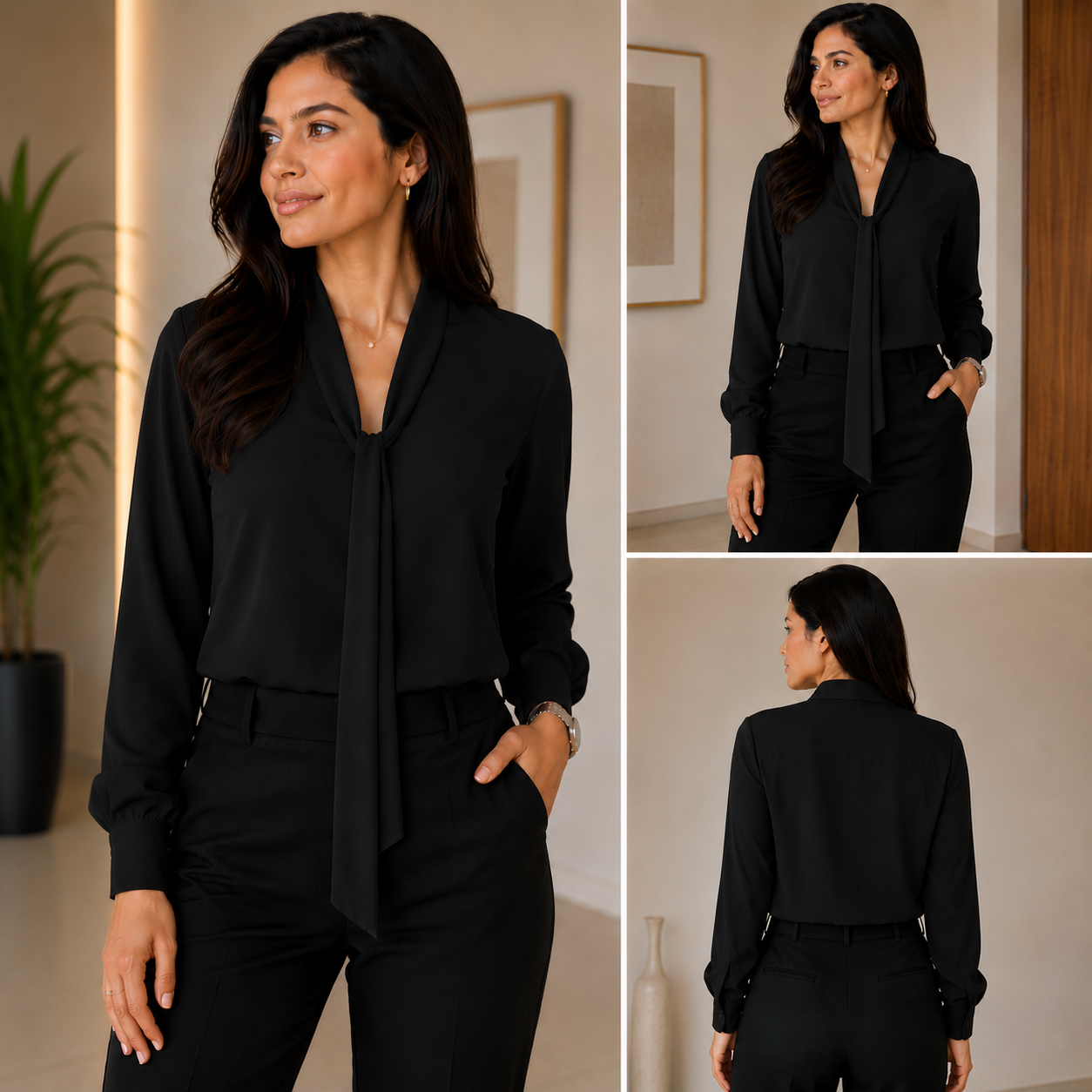 Blusa Elegante para Dama – Manga Larga con Lazo al Cuello