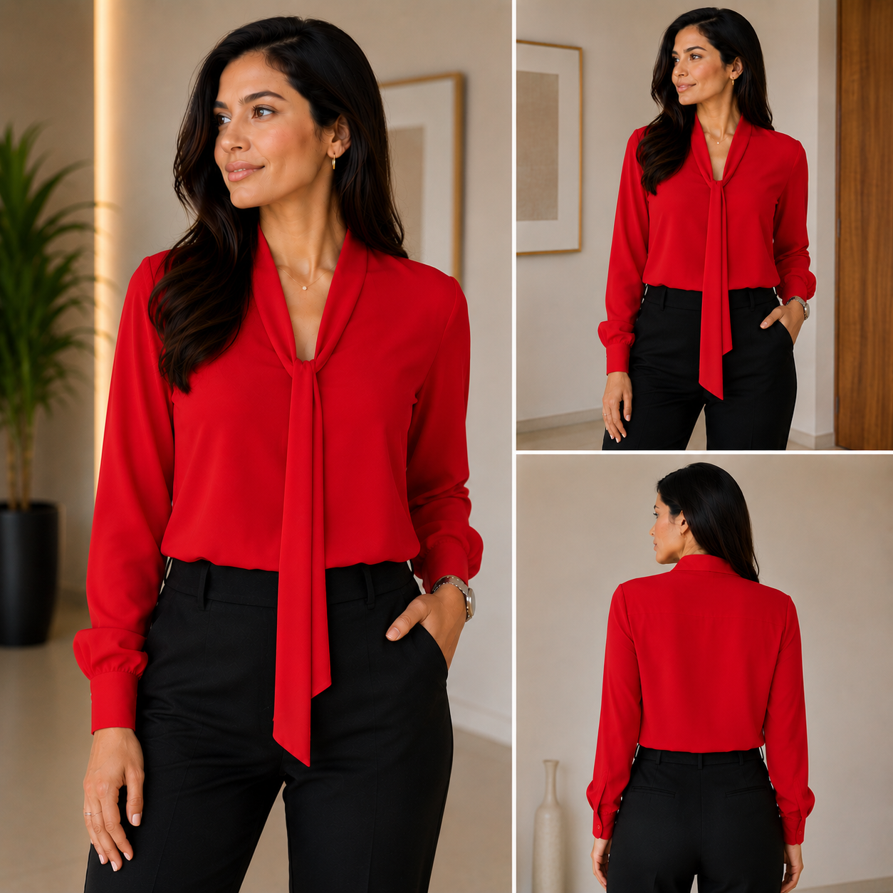 Blusa Elegante para Dama – Manga Larga con Lazo al Cuello