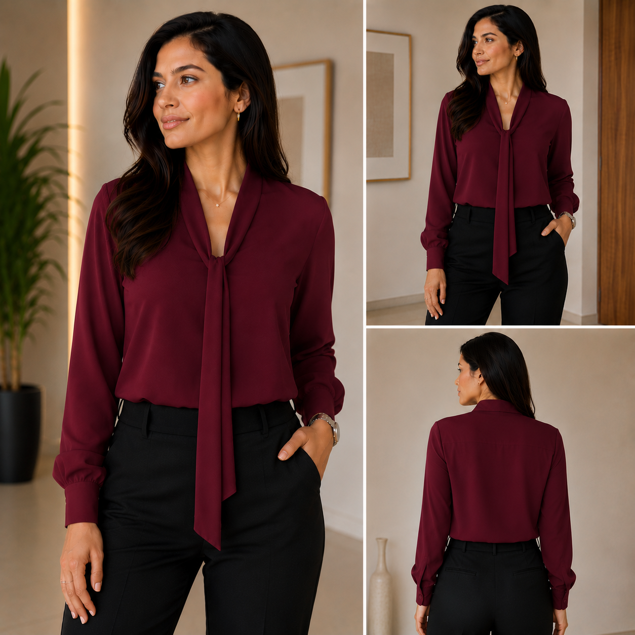 Blusa Elegante para Dama – Manga Larga con Lazo al Cuello