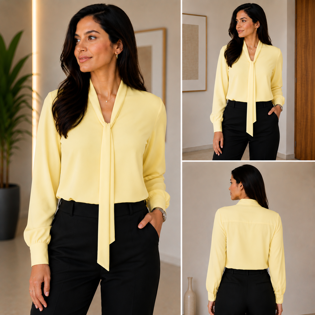 Blusa Elegante para Dama – Manga Larga con Lazo al Cuello